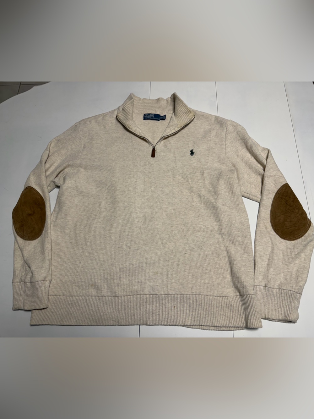 Polo Ralph Lauren Beige oatmeal Quarter-Zip Sweater with Brown Elbow Patches